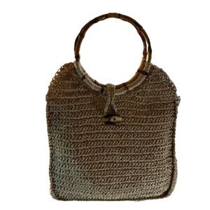 Tan Vintage Braided Woven Ratton Wood Bamboo Handle Bag